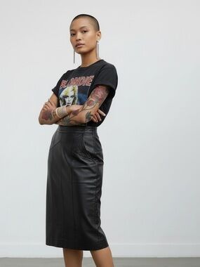 Vintage Black Leather Midi Pencil Skirt with Pockets 1980s Toffs